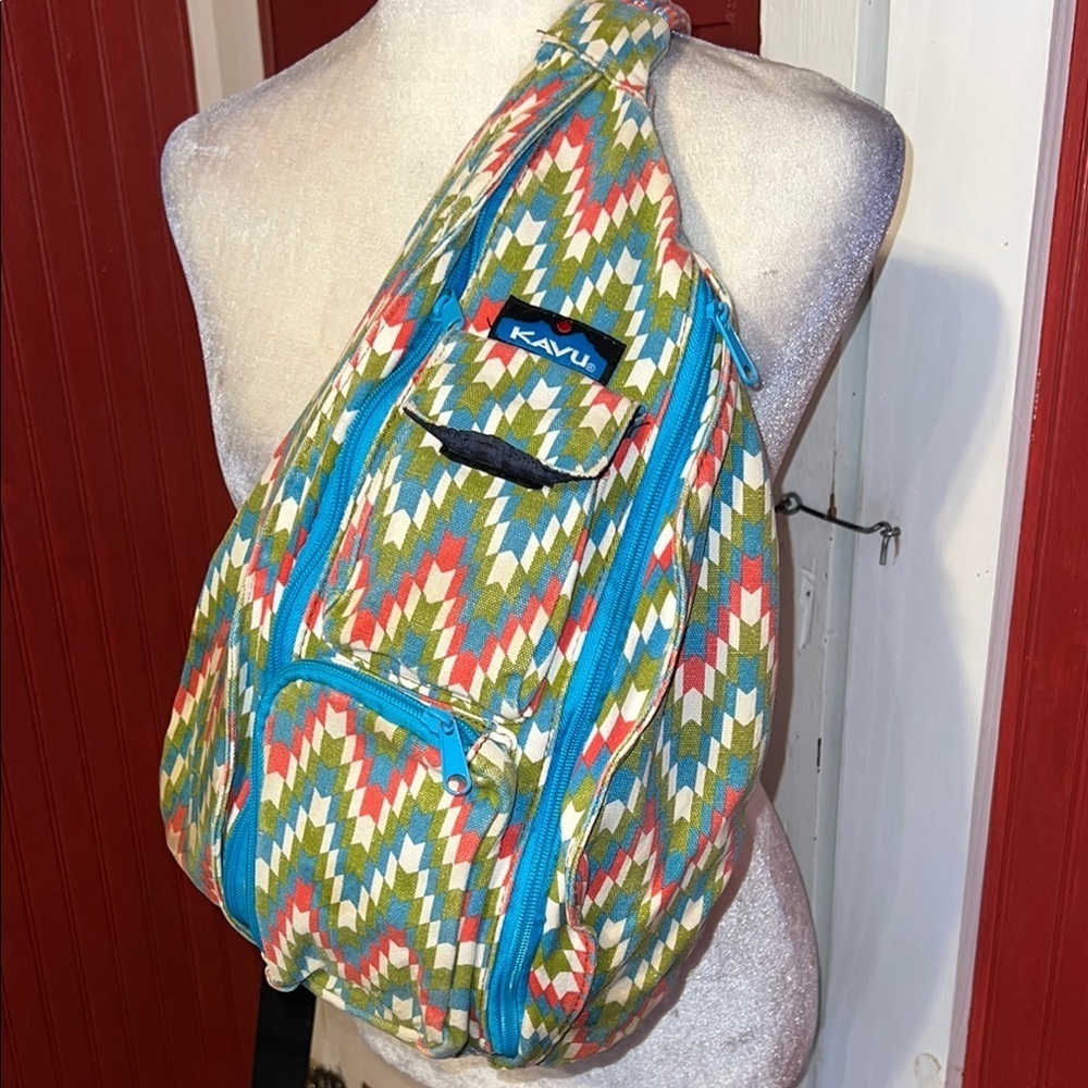 Kavu Green and Red Belt Sling  Bag with Geometric Pattern